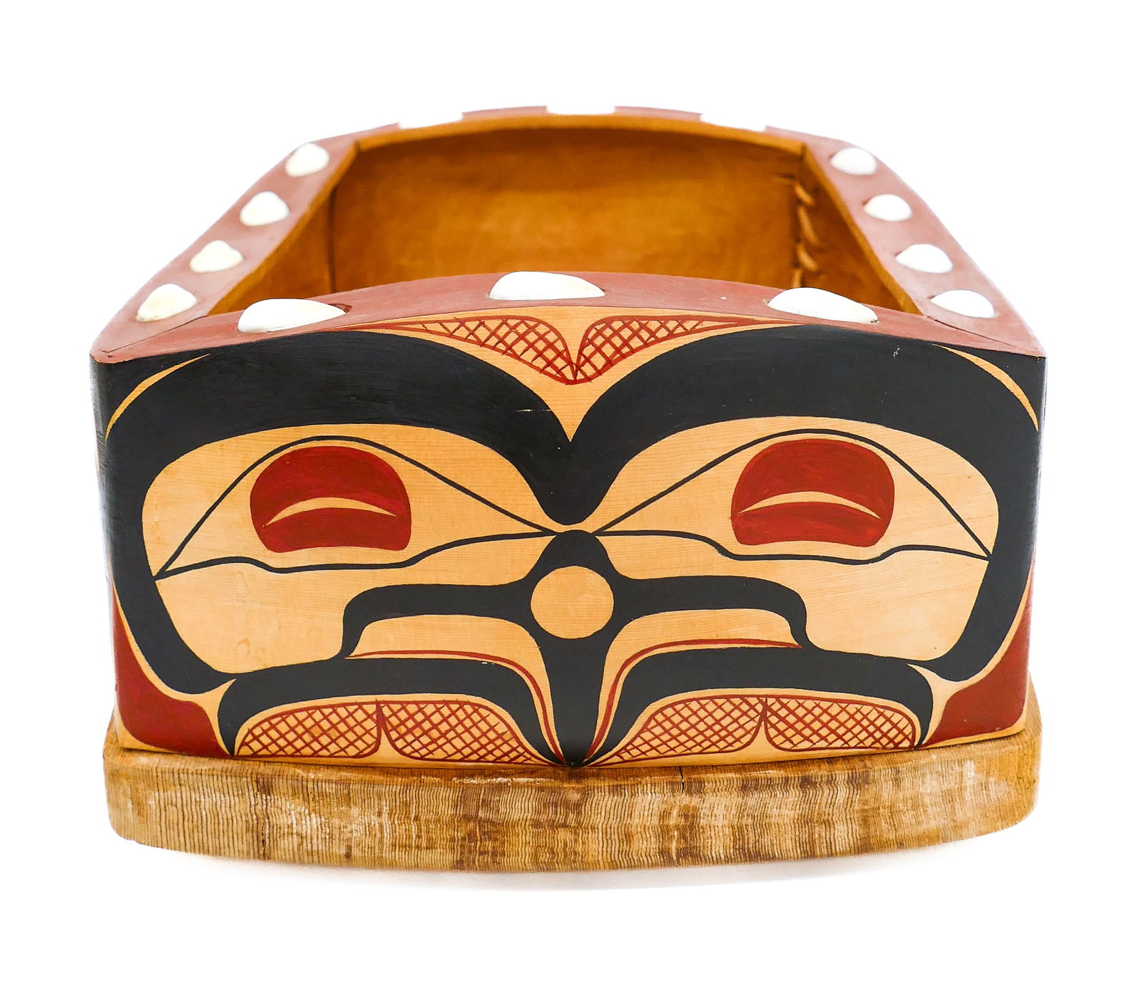 Jay Haavik Raven Bentwood Cedar Bowl: Jay Haavik (20/21st Cent. Washington) Raven Bentwood Cedar Bowl 4.5"x11"x9". Polychrome painted Northwest Coast formline raven motif with operculum shell inlays. Signed on bottom. Overall excellent co