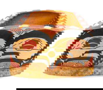 Jay Haavik Raven Bentwood Cedar Bowl: Jay Haavik (20/21st Cent. Washington) Raven Bentwood Cedar Bowl 4.5"x11"x9". Polychrome painted Northwest Coast formline raven motif with operculum shell inlays. Signed on bottom. Overall excellent