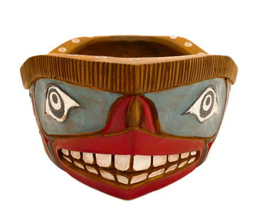 Ivan Otterlifter "Sisiutl Bowl" Painted Cedar: Ivan Otterlifter (1936-1999 Cherokee) "Sisiutl Bowl" Painted Cedar 4"x12"x8". Relief carved and polychrome painted formline motif with inlaid beads on rim. Signed on bottom. Overall excellent