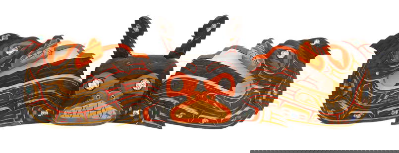 Ike Charlie "Nootka Style Sisiutl Mask" Painted Cedar: Ike Charlie (b.1967 Nuu-chah-nulth) "Nootka Style Sisiutl Mask" Painted Cedar 10"x36"x5". Relief carved and polychrome painted formline wall mask with inlaid abalone. Signed on verso. Purchased Royal