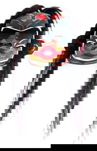 Sean Hinton "Wild Woman" Painted Cedar Mask: Sean Hinton (b.1969 Cherokee, Adopted Salish) "Wild Woman" Painted Cedar Mask 15"x18". Exceptional relief carved and polychrome painted formline mask with applied horse hair, measuring 36" long.