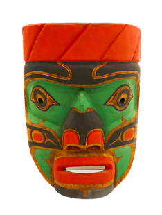 Northwest Coast Kwagiulth "Chief Speaker" 1981 Painted Cedar Mask: Northwest Coast Kwagiulth "Chief Speaker" 1981 Painted Cedar Mask 9"x6.5". Relief carved and polychrome painted formline mask. Illegibly signed WMG or WMC on verso. Excellent condition.