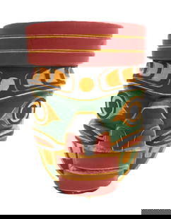 Tom Hunt "Kwakiutl Chief" 1982 Painted Cedar Mask: Tom Hunt (b.1964 Kwakwaka'wakw) "Kwakiutl Chief" 1982 Painted Cedar Mask 8"x5.5". Relief carved and polychrome painted formline mask. Signed and titled on verso. Overall excellent condition.