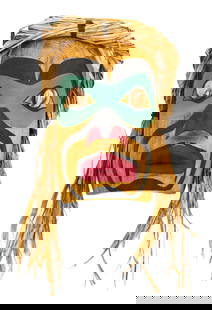 Carl Simeon "Portrait Speaker" Painted Cedar Mask: Carl Simeon (b.1963 Kwakwaka'wakw) "Portrait Speaker" Painted Cedar Mask 13"x10". Relief carved and polychrome painted with applied cedar bark hair and copper eyes. Measures 20" long with hair.