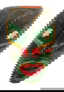 Northwest Coast Wild Woman Painted Cedar Mask: Northwest Coast Wild Woman Painted Cedar Mask 10"x7". Relief carved and polychrome painted mask with abalone inlaid eyes. Illegibly signed on verso. Overall excellent condition.