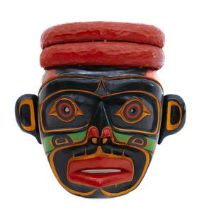 Godfrey John and Bruce Speck "Chief Mask" 1991 Painted Cedar: Godfrey John and Bruce Speck (20th Cent. Kwakwaka'wakw) "Chief Mask" 1991 Painted Cedar 9"x10". Relief carved and polychrome painted formline mask. Signed and dated on verso. Excellent condition.