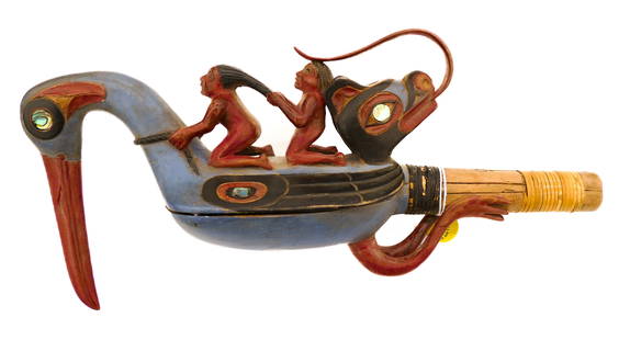 Ken Kidder "Oyster Catcher Rattle" Painted Alder: Ken Kidder (20th Cent. Washington) "Oyster Catcher Rattle" Painted Alder 12"x6". Figural carved and polychrome painted formline rattle with inlaid abalone shell eyes. Signed on end of handle. Overall