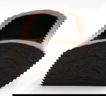 Ken Kidder "Haida Feast Bowl" Painted Alder: Ken Kidder (20th Cent. Washington) "Haida Feast Bowl" Painted Alder 12.5"x7"x4.5". Relief carved and polychrome painted square dish bowl with Haida style formline motifs. Signed on bottom. Excellent