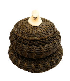James Omnik Stacking Baleen Basket with Polar Bear Finial: James Omnik (20th Cent. Inupiaq) Stacking Baleen Basket with Polar Bear Finial 5.5"x5.5". Unusual three-part stacking basket with figural polar bear finial. Signed twice on underside. Overall