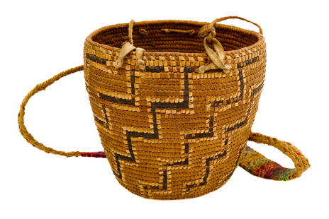 Antique Cowlitz Indian Burden Basket: Antique Cowlitz Indian Burden Basket 8"x9". Polychrome imbricated zig-zag motifs with original woven strap. Overall excellent condition.