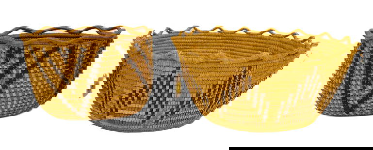 2pc Antique Cowlitz Indian Baskets with Reticulated Rims: 2pc Antique Cowlitz Indian Baskets with Reticulated Rims 7.5" to 10.5". Polychrome imbricated motifs. Some loss to rim of larger basket. Overall excellent condition.