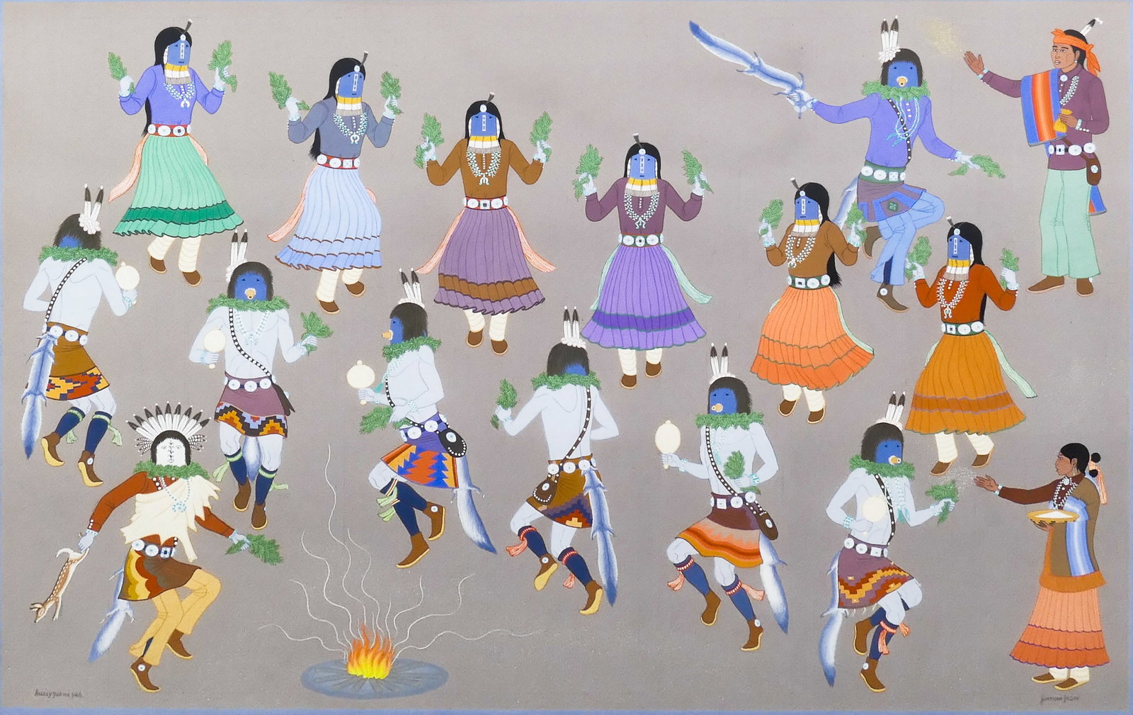 Harrison Begay "Haskay Yah ne Yah" (Kachina Dancers) Large Gouache (1 of 2)