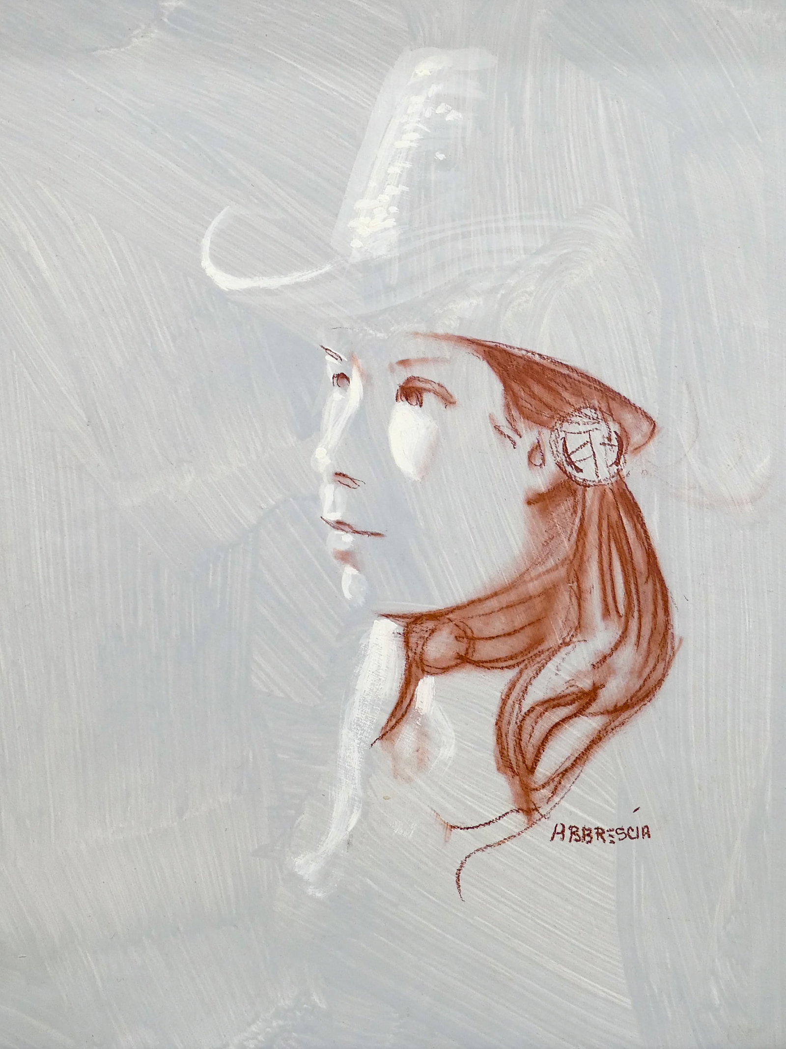 Joe Abbrescia "Cowgirl" Mixed Media on Board: Joe Abbrescia (1936-2005 Montana) "Cowgirl" Mixed Media on Board 14"x11" Image. Signed l.r. Framed 16.5"x13.5". Excellent condition