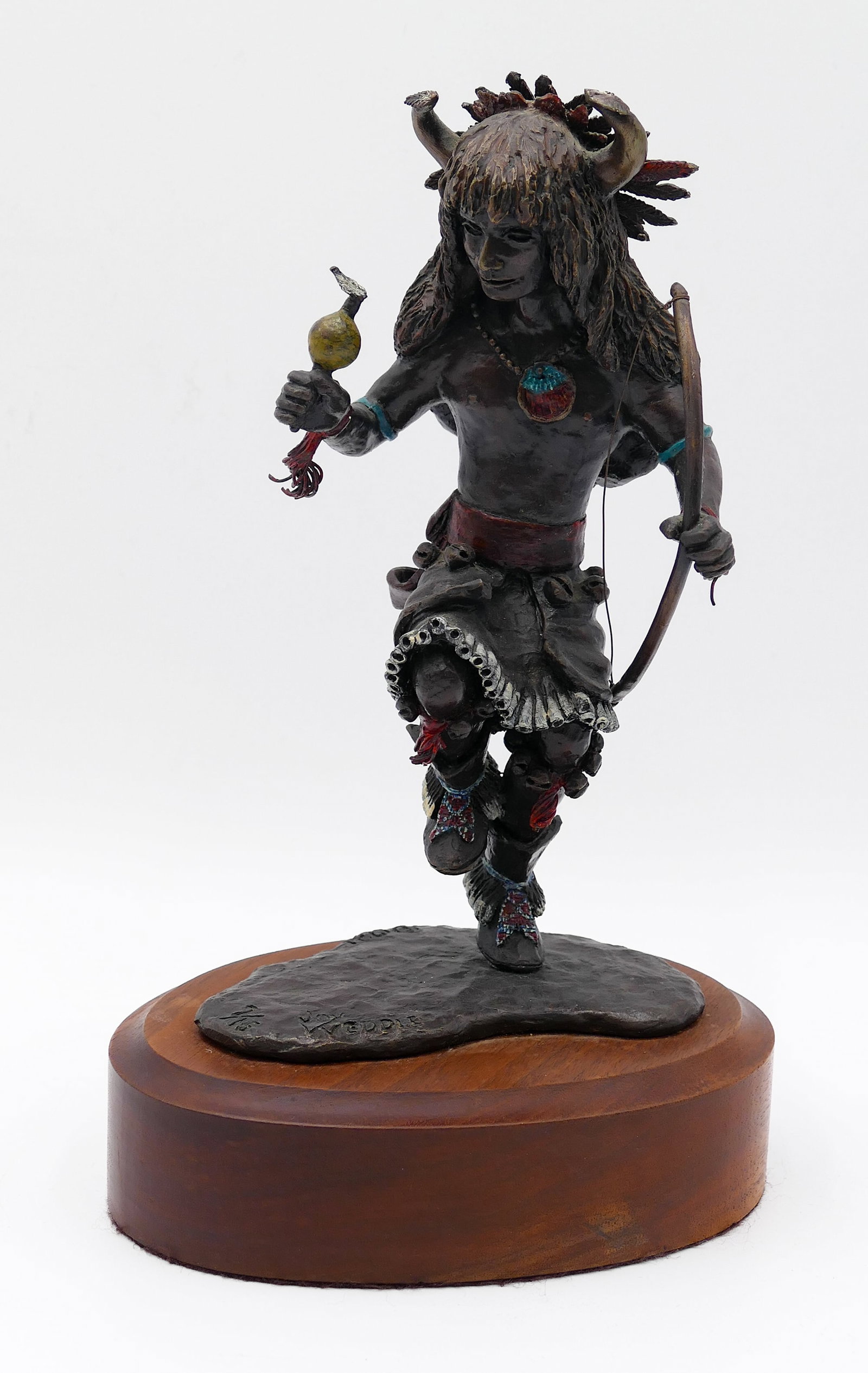 Joy Weddle "Indian Dancer" 1981 Bronze Sculpture: Joy Weddle (20th Cent. American) "Indian Dancer" 1981 Bronze Sculpture 11"x7". Signed and numbered 7 of 15 edition. Excellent condition. It weighs 7 pounds.