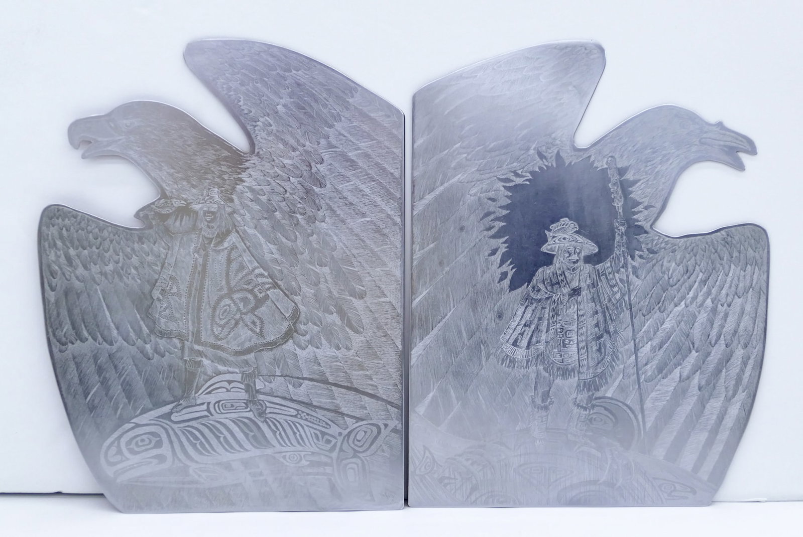 2pc Tlingit Raven Man and Woman Chromium Printing Plates: 2pc Tlingit Raven Man and Woman Chromium Printing Plates 17.5"x13.5". Illegibly signed lower corners. Overall excellent condition.