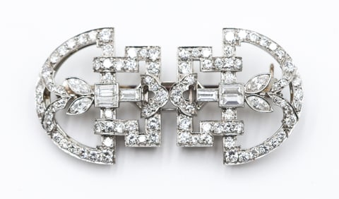 Art Deco Diamond 14k Platinum Topped Clip Brooch