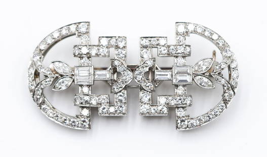 Art Deco Diamond 14k Platinum Topped Clip Brooch: Art Deco Diamond 14k Platinum Topped Clip Brooch 24x47mm. Includes 3.35ctw of single cut, baguette, and marquise brilliant cut diamonds of VS-2 to SI-1 clarity, color H. Pair of clips can be removed
