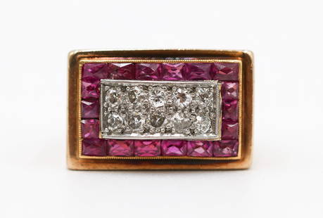 Art Deco 10k Ruby and Diamond Ladies Ring: Art Deco 10k Ruby and Diamond Ladies Ring Size 5. Includes (10) round brilliant cut diamonds and (16) rectangular cut ruby corundum. It weighs 12.7 grams. Overall excellent condition. Comes with