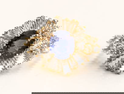 Ladies 14k Sapphire and Diamond Ring: Ladies 14k Sapphire and Diamond Ring Size 7. Includes one transparent, medium-dark to slightly violetish-blue oval mixed cut sapphire corundum measuring 7.86x6.78x3.51mm, calrity grade M2. Also (12)