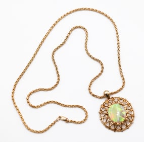 Vintage 14k Opal Pendant Wheat Chain Necklace