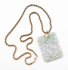 Chinese Jadeite 14k Pendant Rope Chain Necklace