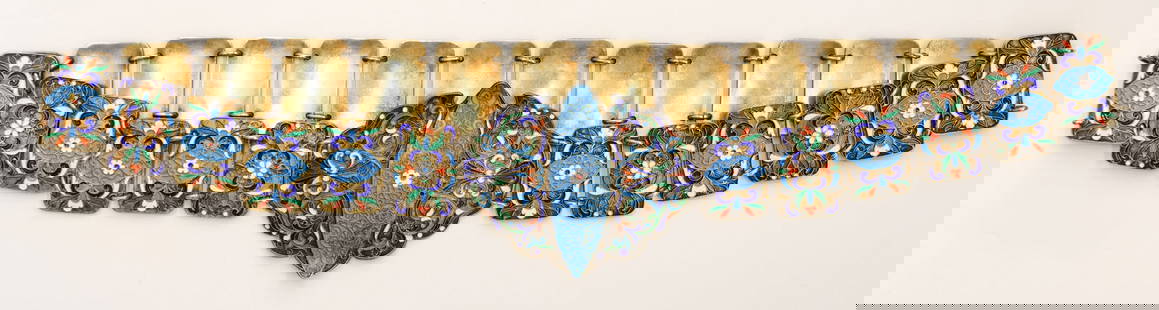 Antique Russian Silver and Cloisonne Enameled Belt: Antique Russian Silver and Cloisonne Enameled Belt 28". Fine polychrome cloisonne enameling with scrolling floral motifs. Kokoshnik 84 hallmarks with makes mark MK in cyrillic. It measures 31-64mm