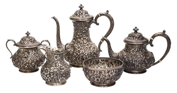 5pc Jacobi & Jenkins Repousse Sterling Tea and Coffee Service: 5pc Jacobi & Jenkins Repousse Sterling Tea and Coffee Service 2.5" to 9". Includes teapot, coffee pot, sugar, creamer, and waste bowl. Exceptional deep floral repousse work. Marked on bottom "JACOBI