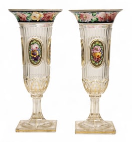 Pair Antique Moser Enameled Cut Glass Floral Vases