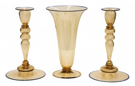 3pc Steuben Celeste Blue Vase and Candlesticks