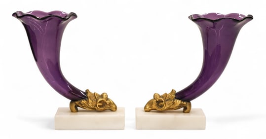 Pair Antique French Ormolu Mounted Glass Cornucopia Vases