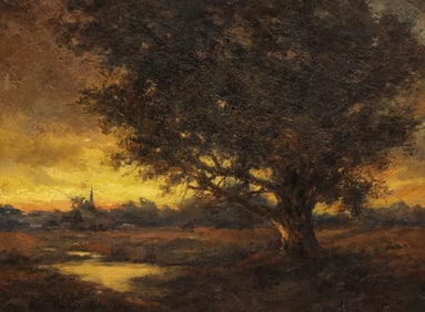 Alice Blair Thomas "Sunset Landscape" 1909 Oil on Board