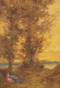 Alice Blair Thomas "Sunset with Lovers" 1911 Oil on Canvas Board