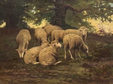 Jacquettes "Sheep Pastoral Landscape" Oil on Canvas