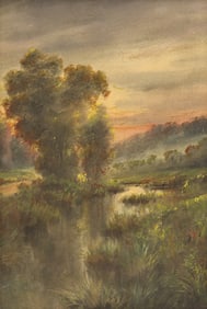 Attributed to George Inness "Sunset Stream" Circa 1890 Watercolor