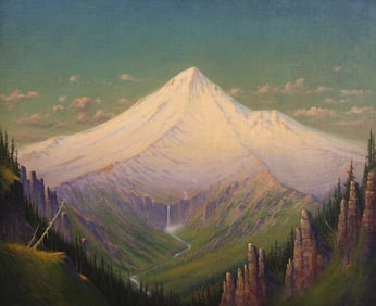 James Everett Stuart "Mt. Hood and Hood River" 1923 Oil on Board