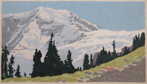 Waldo Chase "Silver Silence" (Mt. Rainier) 1930's Color Woodcut
