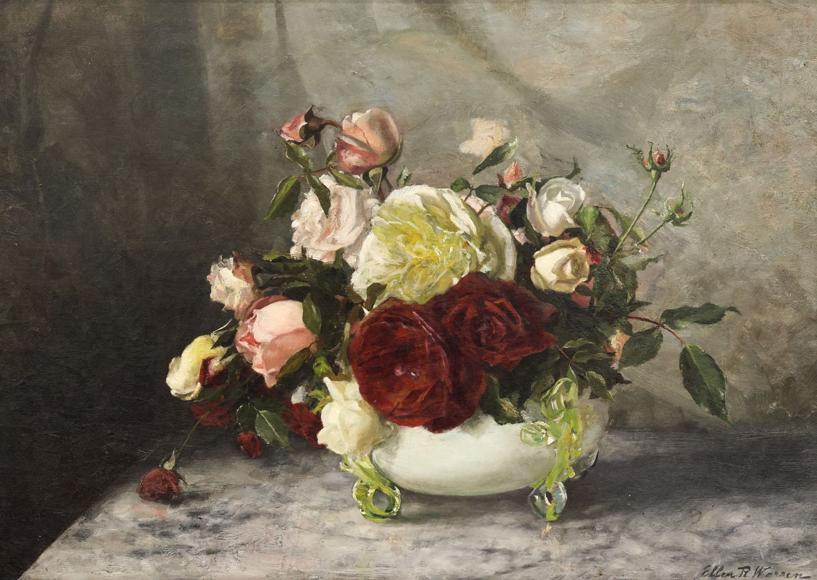 Ellen Russell Warren Van Pelt "Still Life with Roses" 1886 Oil on Canvas: Ellen Russell Warren Van Pelt (1860-1946 American) "Still Life with Roses" 1886 Oil on Canvas 16"x22" Image. Signed l.r. and inscribed on verso "Santa Cruz Cal. 1886". Period ornate gilt framing 25.5"