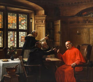Max Scholz "Drinks with the Cardinal" (Interior Scene) Oil on Canvas