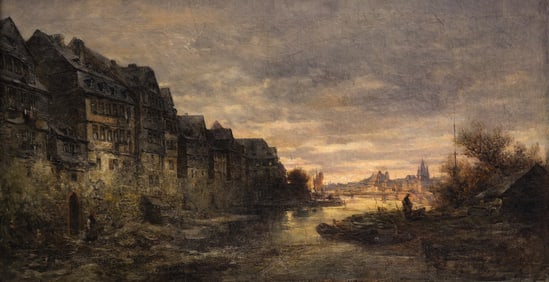 Anton Burger "Mainlandschaft" (Village Scene) Oil on Canvas