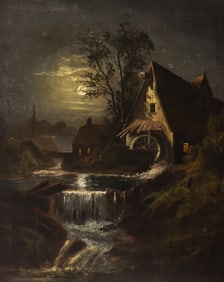 Jacobus Cremer "Moonlight" (Watermill Landscape) 1877 Oil on Canvas