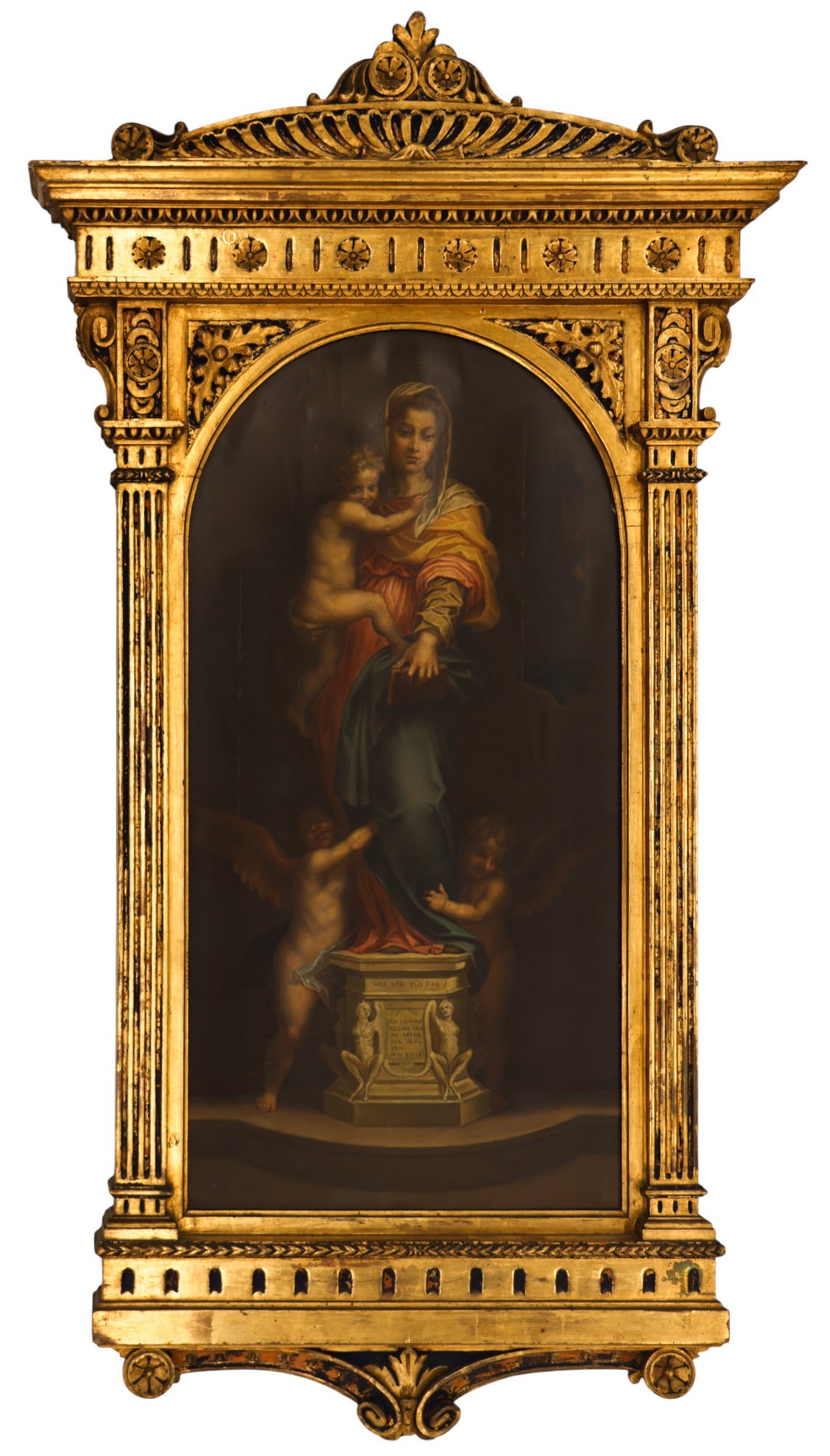 Italian School 19th Cent. "Madonna of the Harpies" Oil on Canvas: Italian School 19th Cent. "Madonna of the Harpies" Oil on Canvas 32"x16". Unsigned, inscribed on framing verso "From the Harpy Madonna by Andrea del Sarto 1480-1530". Ornate gilt arched framing 49"x26