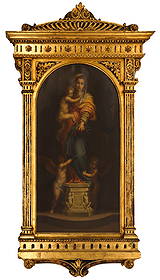 Italian School 19th Cent. "Madonna of the Harpies" Oil on Canvas: Italian School 19th Cent. "Madonna of the Harpies" Oil on Canvas 32"x16". Unsigned, inscribed on framing verso "From the Harpy Madonna by Andrea del Sarto 1480-1530". Ornate gilt arched framing 49"x26