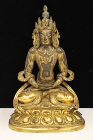 Tibetan 18th Cent. Gilt Bronze Amitayus Crowned Buddha