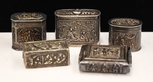 5pc Antique Chinese Silver Snuff Boxes