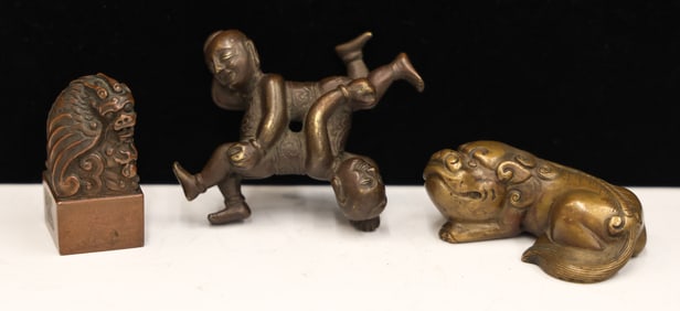 3pc Old Chinese Bronze Scroll Weights and Seal