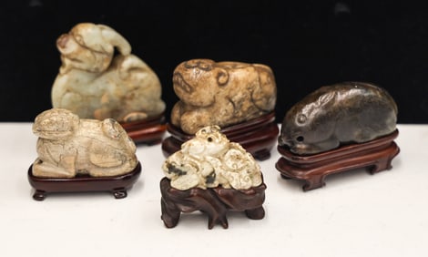 5pc Old Chinese Jade Animal Carvings on Stands