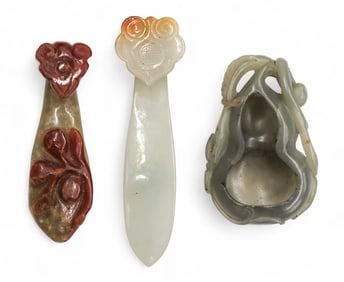 3pc Old Chinese Jade Belt Hooks and Brush Washer