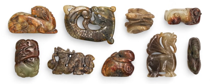 9pc Old Chinese Assorted Dark Jade Small Carvings