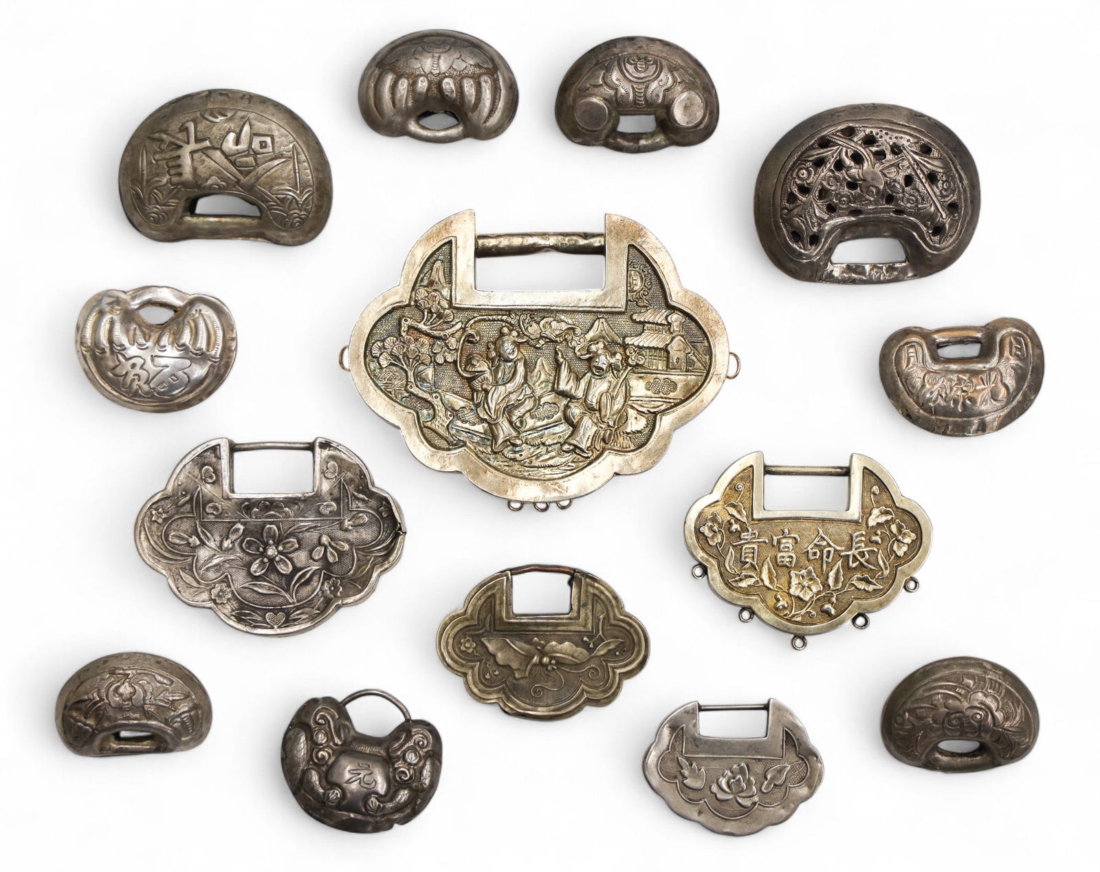14pc Old Chinese Silver Lock Pendants and Toggles (1 of 2)