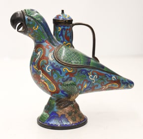 Chinese Cloisonne Parrot Figural Handled Vessel